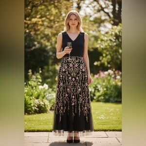 Adrianna Papell Black Dress with Pink and Gold Embroidery